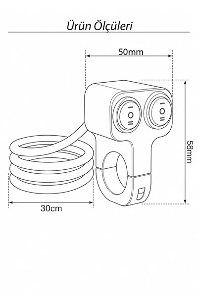 Dört Fonksiyonlu Çift Aç Kapa Tuşlu Demir Döküm Gidon Anahtarı Motosiklet Sis Farı Off Road LED Kontrol Switchi Gidon Bağlantılı 30cm Kablolu Siyah Renk