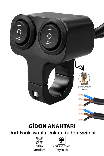 Dört Fonksiyonlu Çift Aç Kapa Tuşlu Demir Döküm Gidon Anahtarı Motosiklet Sis Farı Off Road LED Kontrol Switchi Gidon Bağlantılı 30cm Kablolu Siyah Renk