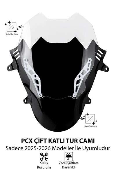 Honda Pcx Uyumlu Çift Katlı Spor Tur Camı Şeffaf 2025-2026 Şeffaf