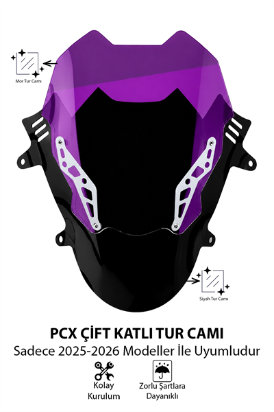 Honda Pcx Uyumlu Çift Katlı Spor Tur Camı Şeffaf 2025-2026 Mor