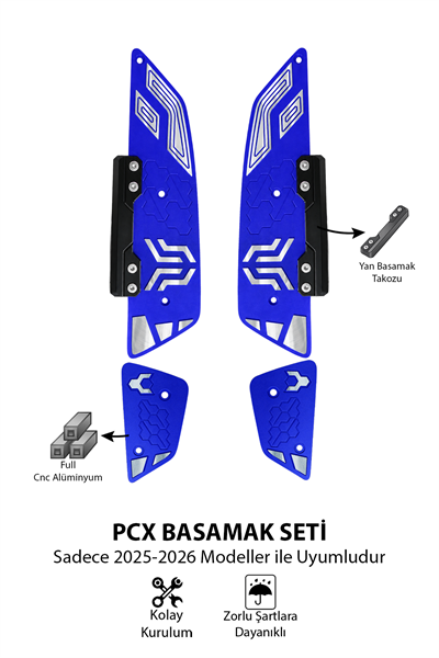 Honda Pcx Uyumlu Premium Basamak Seti V2 2025-2026 Cnc Mavi