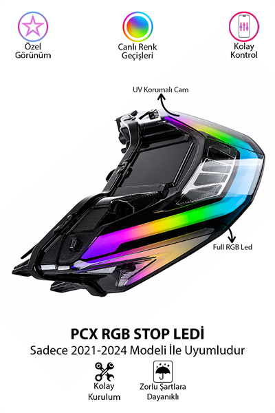 Honda Pcx Uyumlu RGB Arka Stop Ledi 2021-2024 Telefon Kontrollü