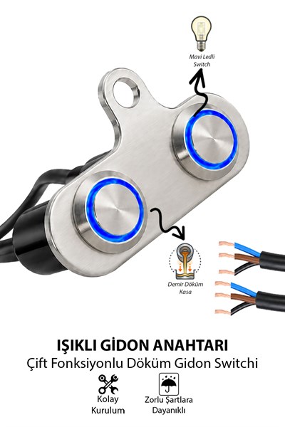 Işıklı Gidon Anahtarı Çift Fonksiyonlu Mavi LED Çift Power Tuşlu Motosiklet Sis Farı Off Road Led Kontrol Switchi Montaj Kulaklı Kablolu Demir Döküm Krom Renk