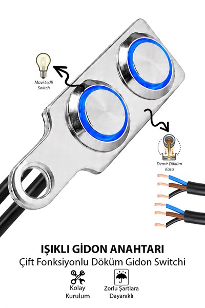 Işıklı Gidon Anahtarı Çift Fonksiyonlu Mavi LED Çift Power Tuşlu Motosiklet Sis Farı Off Road Led Kontrol Switchi Gidon Bağlantılı Kablolu Demir Döküm Krom Renk