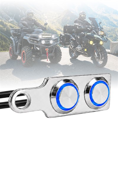 Işıklı Gidon Anahtarı Çift Fonksiyonlu Mavi LED Çift Power Tuşlu Motosiklet Sis Farı Off Road Led Kontrol Switchi Gidon Bağlantılı Kablolu Demir Döküm Krom Renk