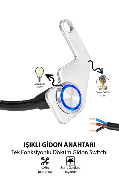 Işıklı Gidon Anahtarı Tek Fonksiyonlu Mavi LED Power Tuşlu Motosiklet Sis Farı Off Road Led Kontrol Switchi Uzun Bağlantı Ayaklı Kablolu Demir Döküm Krom Renk