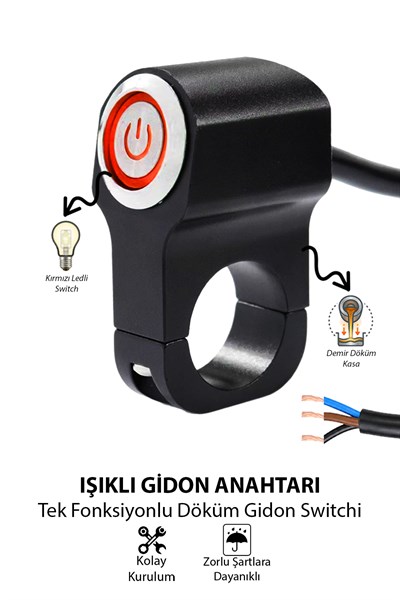 Işıklı Gidon Anahtarı Tek Fonksiyonlu Kırmızı LED Power Tuşlu Motosiklet Sis Farı Off Road Led Kontrol Switchi Gidon Bağlantılı Kablolu Demir Döküm Siyah Renk