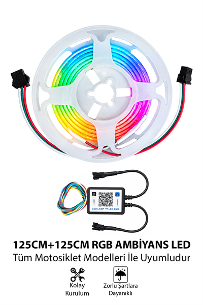 Motosiklet RGB LED Ambiyans Seti | 2x125 cm İnce 2.7 mm Şerit LED ve Kontrol Modülü Dahil Telefon Kontrollü 