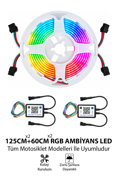 Motosiklet RGB LED Ambiyans Seti | 2x125 cm + 2x60 cm İnce 2.7 mm Şerit LED ve Kontrol Modülü Dahil Telefon Kontrollü 