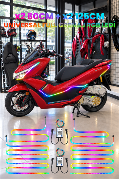 Motosiklet RGB LED Ambiyans Seti | 2x125 cm + 2x60 cm İnce 2.7 mm Şerit LED ve Kontrol Modülü Dahil Telefon Kontrollü 