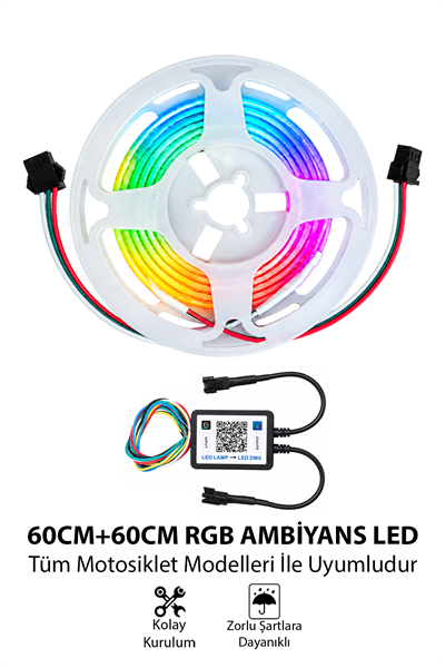 Motosiklet RGB LED Ambiyans Seti | 2x60 cm İnce 2.7 mm Şerit LED ve Kontrol Modülü Dahil Telefon Kontrollü 