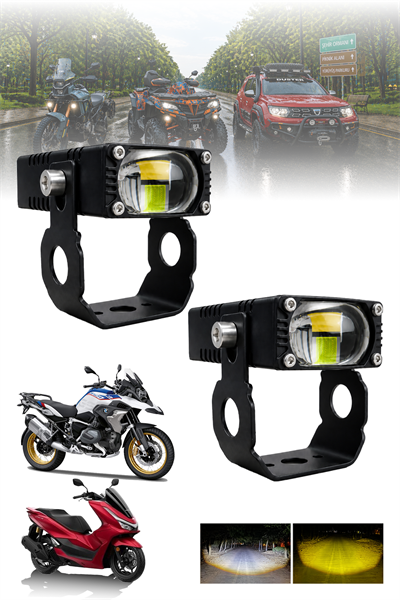 Motosiklet Sis Farı 30W Mercekli Beyaz-Sarı LED 2 ADET Metal Gövde Super Slim Dikdörtgen Fan Soğutmalı Alüminyum Montaj Braketli
