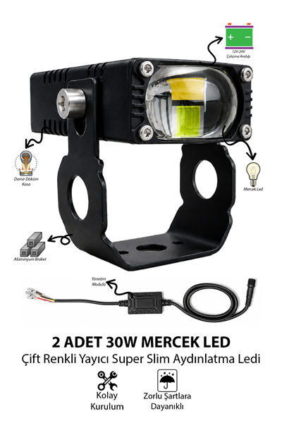 Motosiklet Sis Farı 30W Mercekli Beyaz-Sarı LED 2 ADET Metal Gövde Super Slim Dikdörtgen Fan Soğutmalı Alüminyum Montaj Braketli