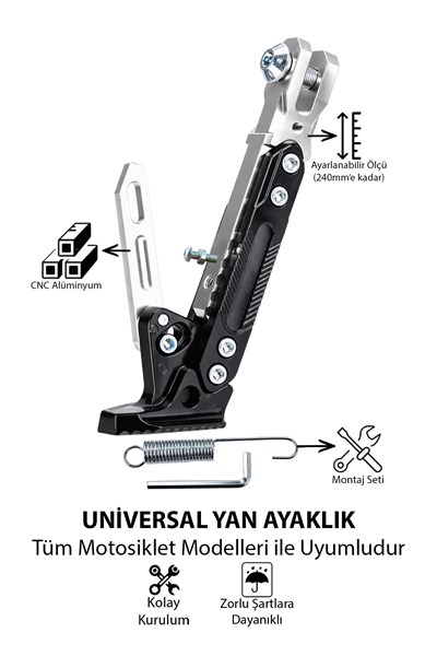 Universal Ayarlanabilir Motosiklet Yan Ayaklık 185-240 mm Cnc Gümüş