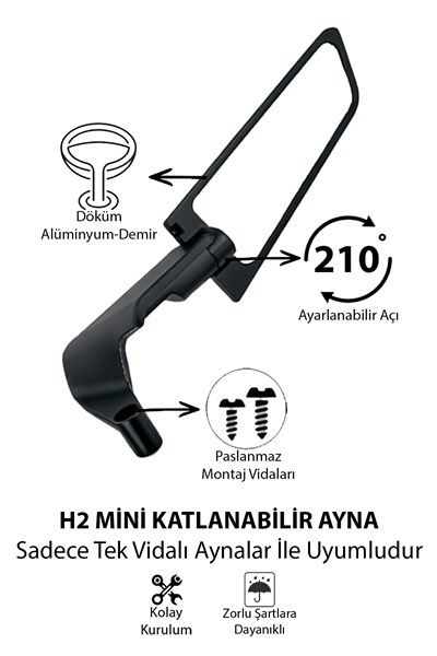 Universal Katlanabilir H2 Mini Motosiklet Aynası | Döküm Kasa Siyah