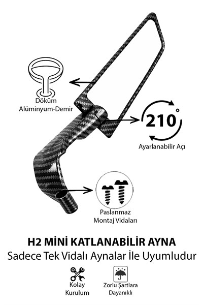 Universal Katlanabilir H2 Mini Motosiklet Aynası | Döküm Kasa Karbon