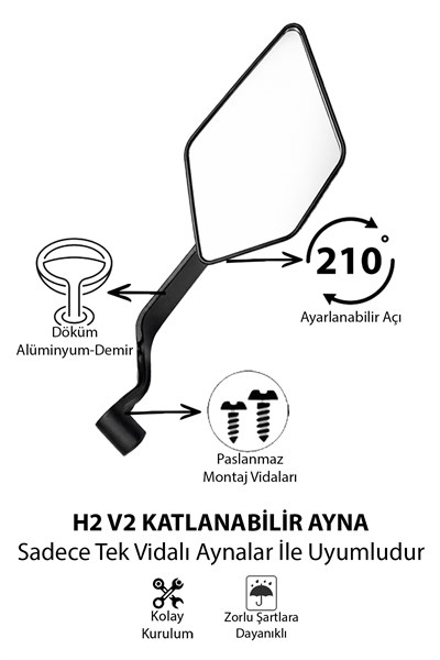 Universal Katlanabilir H2 V2 Motosiklet Aynası | Döküm Kasa Siyah