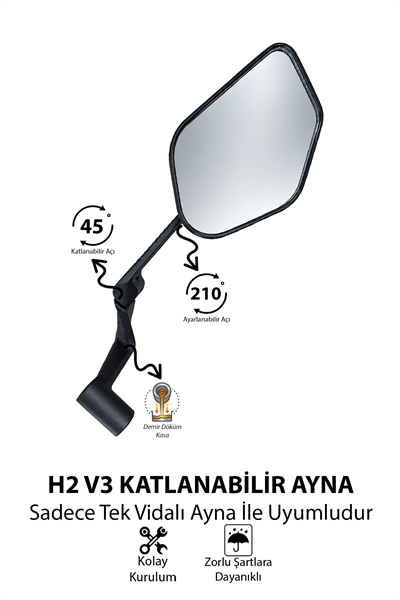 Universal Katlanabilir H2 V3 Motosiklet Aynası | Döküm Kasa Siyah
