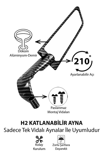 Universal Katlanabilir H2 Motosiklet Aynası | Döküm Kasa Karbon