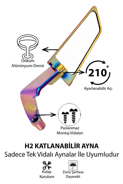 Universal Katlanabilir H2 Motosiklet Aynası | Döküm Kasa İridyum