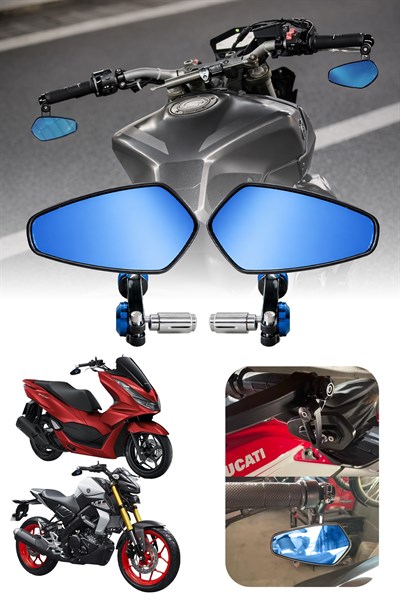 Universal Motosiklet Gidon Aynası | Alüminyum Siyah Kasa Cnc Mavi İskelet 