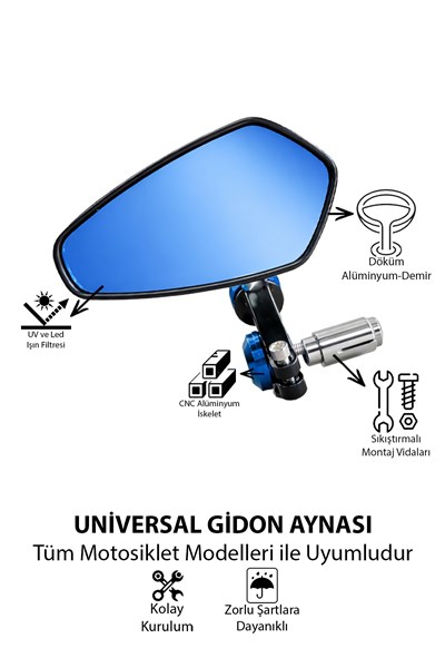 Universal Motosiklet Gidon Aynası | Alüminyum Siyah Kasa Cnc Mavi İskelet 