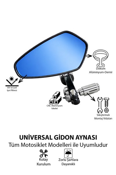 Universal Motosiklet Gidon Aynası | Alüminyum Siyah Kasa Cnc Gümüş İskelet 