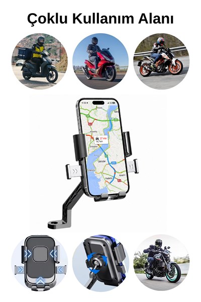 Universal Motosiklet Uyumlu Ayna Telefon Tutacağı Metal + ABS Plastik Siyah Renk