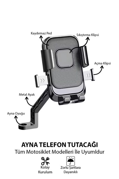 Universal Motosiklet Uyumlu Ayna Telefon Tutacağı Metal + ABS Plastik Siyah Renk