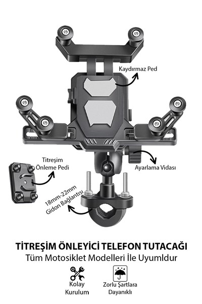 Universal Motosiklet Uyumlu Titreşim Önleyici Gidon Telefon Tutacağı ABS Plastik + Metal Siyah Renk