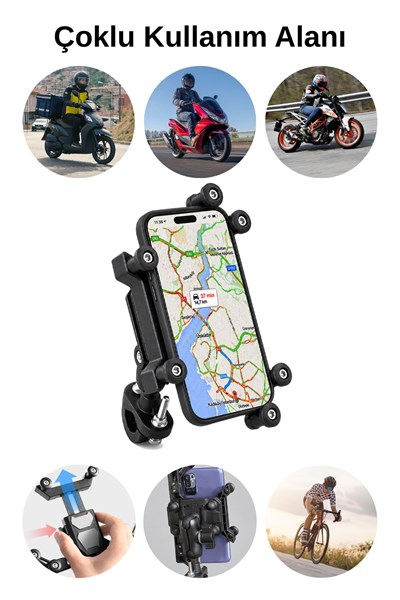 Universal Motosiklet Uyumlu Titreşim Önleyici Gidon Telefon Tutacağı ABS Plastik + Metal Siyah Renk