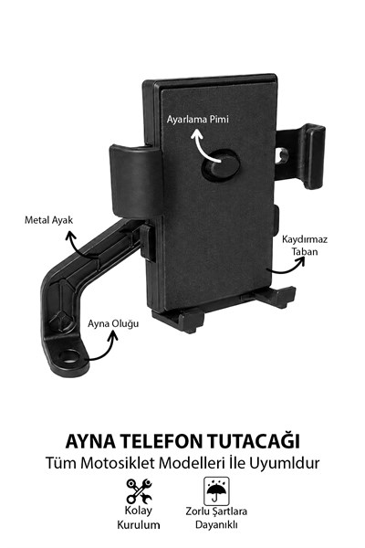 Universal Motosiklet Uyumlu Ayna Telefon Tutacağı Metal + ABS Plastik Siyah Renk