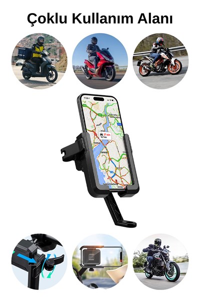 Universal Motosiklet Uyumlu Ayna Telefon Tutacağı Metal + ABS Plastik Siyah Renk