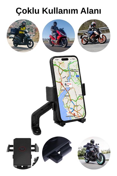 Universal Motosiklet Uyumlu Ayna Telefon Tutacağı Metal + ABS Plastik Siyah Renk