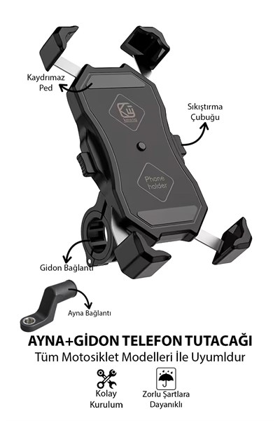 Universal Motosiklet Uyumlu Ayna ve Gidon Bağlantılı Telefon Tutacağı ABS Plastik + Metal Siyah Renk