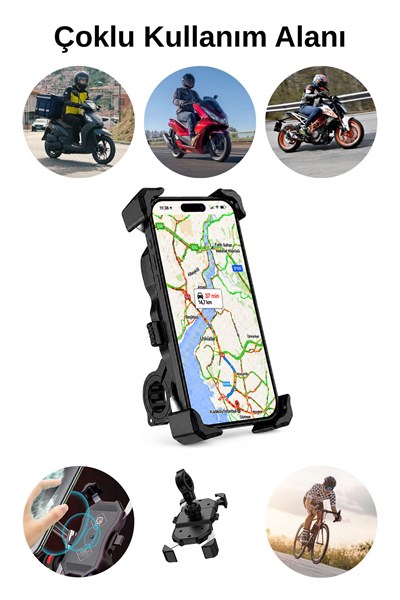 Universal Motosiklet Uyumlu Ayna ve Gidon Bağlantılı Telefon Tutacağı ABS Plastik + Metal Siyah Renk