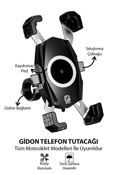 Universal Motosiklet Uyumlu Gidon Telefon Tutacağı ABS Plastik + Metal Siyah Renk