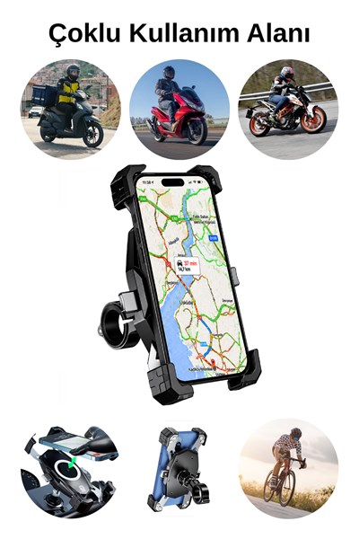 Universal Motosiklet Uyumlu Gidon Telefon Tutacağı ABS Plastik + Metal Siyah Renk