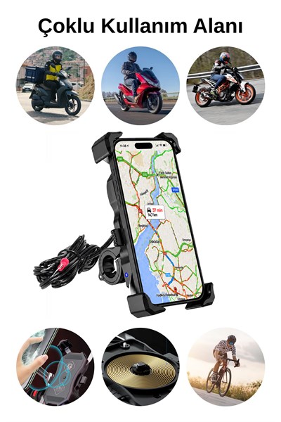 Universal Motosiklet Uyumlu Kablosuz Şarjlı Telefon Tutacağı ABS Plastik + Metal Siyah Renk