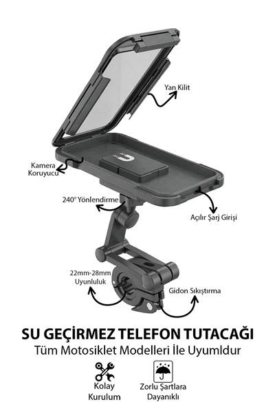 Universal Motosiklet Uyumlu Su Geçirmez Telefon Tutacağı ABS Plastik + Metal Siyah Renk
