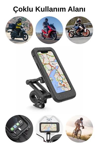 Universal Motosiklet Uyumlu Su Geçirmez Telefon Tutacağı ABS Plastik + Metal Siyah Renk