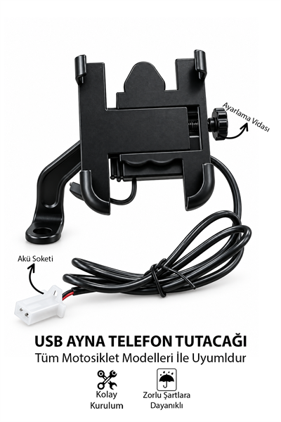 Universal Motosiklet Uyumlu USB Ayna Telefon Tutacağı Tüm Yıllar ABS Plastik + Metal Siyah Renk