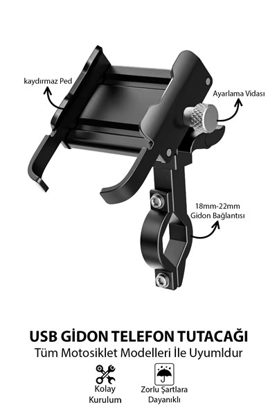 Universal Motosiklet Uyumlu USB Gidon Telefon Tutacağı Metal Siyah Renk