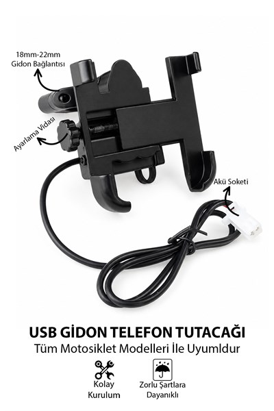 Universal Motosiklet Uyumlu USB Gidon Telefon Tutacağı Tüm Yıllar ABS Plastik + Metal Siyah Renk