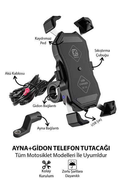 Universal Motosiklet Uyumlu USB Hızlı Şarjlı Telefon Tutacağı ABS Plastik + Metal Siyah Renk