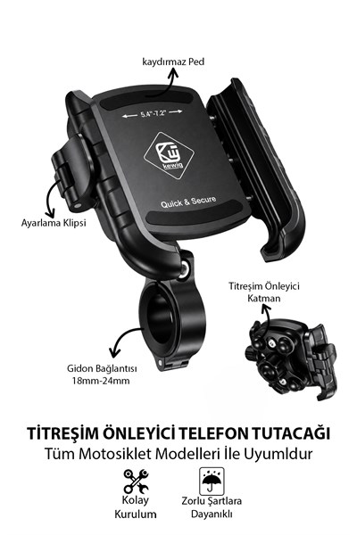 Universal Motosiklet Uyumlu Titreşim Önleyici Telefon Tutacağı ABS Plastik + Metal Siyah Renk