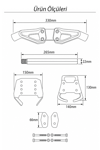 Universal T-Max Motosiklet Gidon Seti 22 mm Boru Çaplı 735 mm CNC Alüminyum Ayarlı Montaj Vidalı Siyah