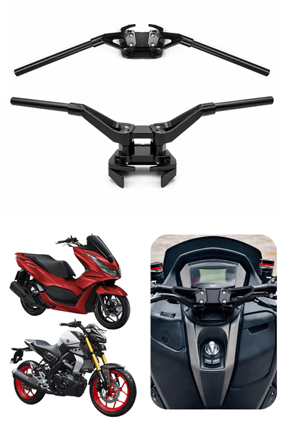 Universal T-Max Motosiklet Gidon Seti 22 mm Boru Çaplı 735 mm CNC Alüminyum Ayarlı Montaj Vidalı Siyah