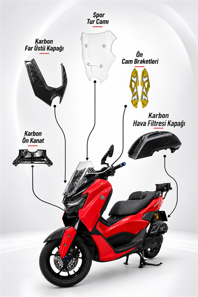 Yamaha NMAX 125/155 2025-2026 Uyumlu 5 Parça Aksesuar Seti Spor Tur Camı, CNC Gold Ön Cam Braketi, Karbon Desen Kapak