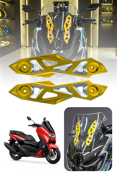 Yamaha NMAX 125/155 2025-2026 Uyumlu 5 Parça Aksesuar Seti Spor Tur Camı, CNC Gold Ön Cam Braketi, Karbon Desen Kapak